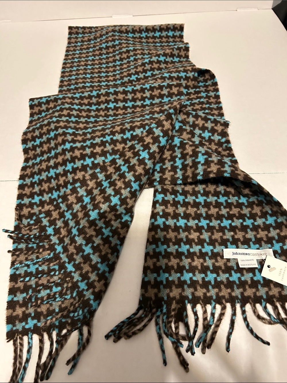 Johnstons of Elgin Brown & Turquoise Houndstooth Cashmere Scarf